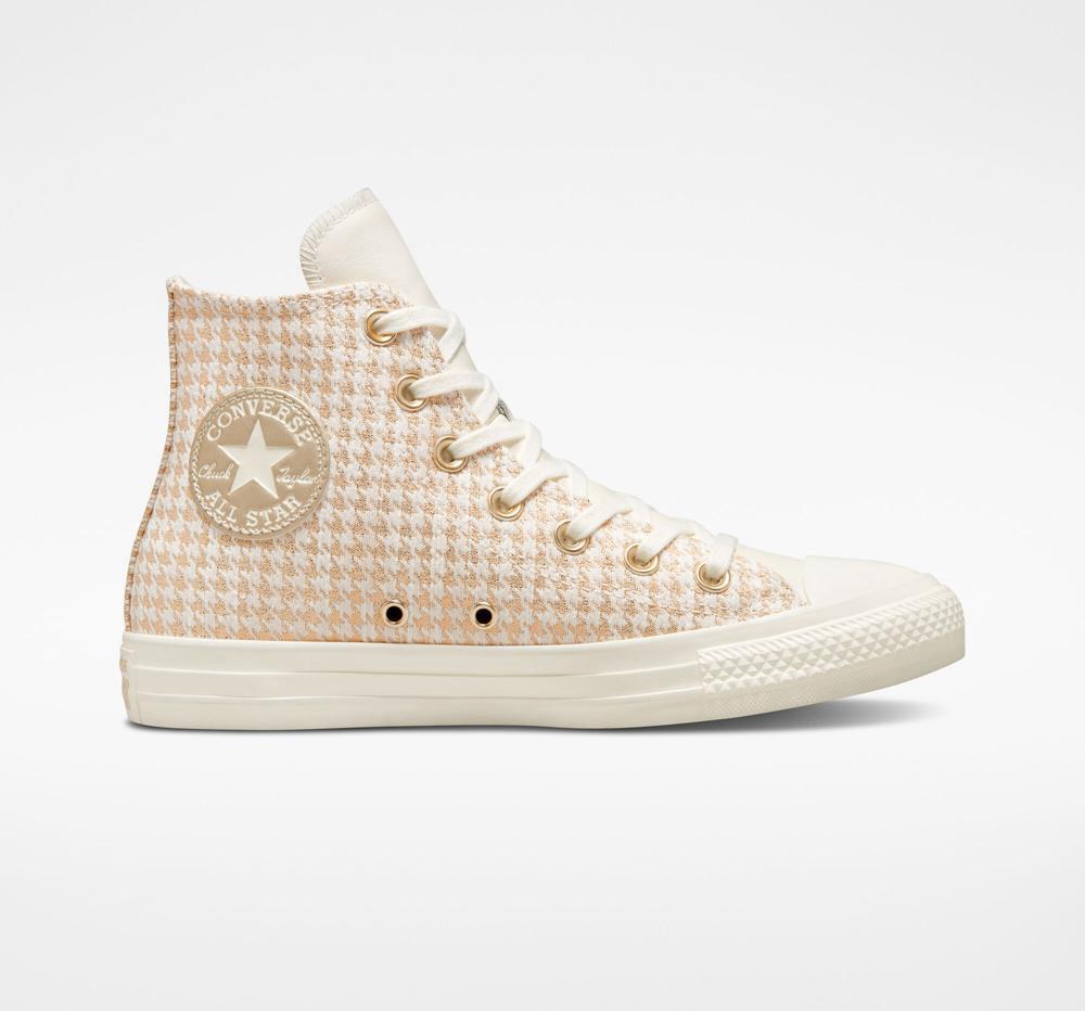 White Egret / Light Gold / Wgret Women\'s Converse Chuck Taylor All Star Houndstooth Shine High Tops  India |  ZPME-10743