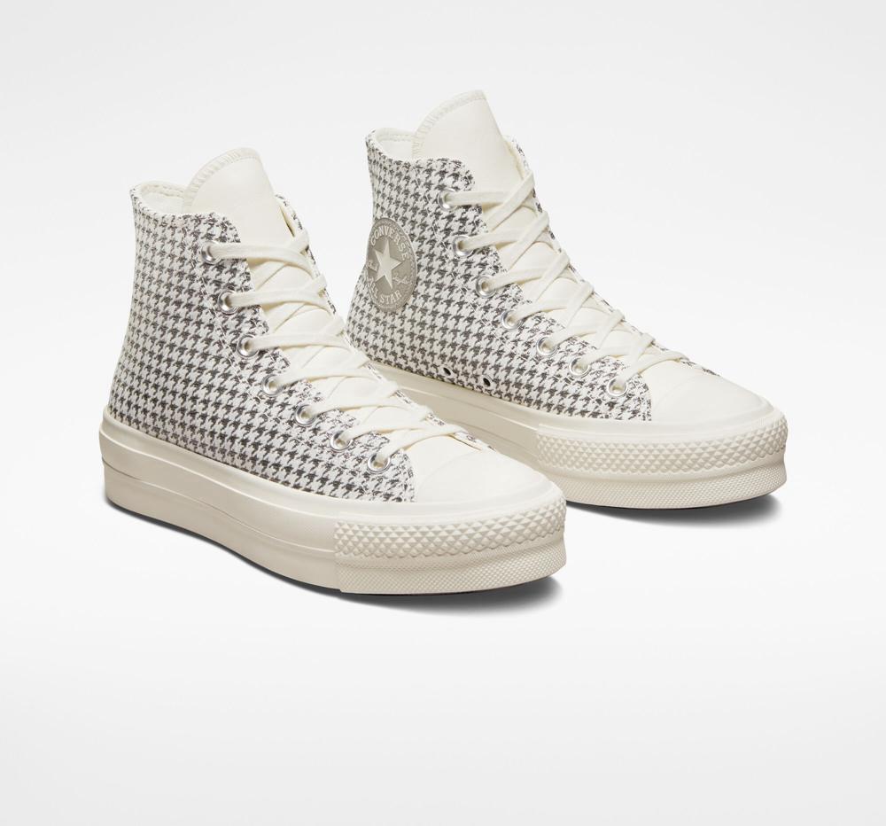 White Egret / Pure Silver Women's Converse Chuck Taylor All Star Lift Platform Houndstooth Shine High Tops  India |  TQWA-71364