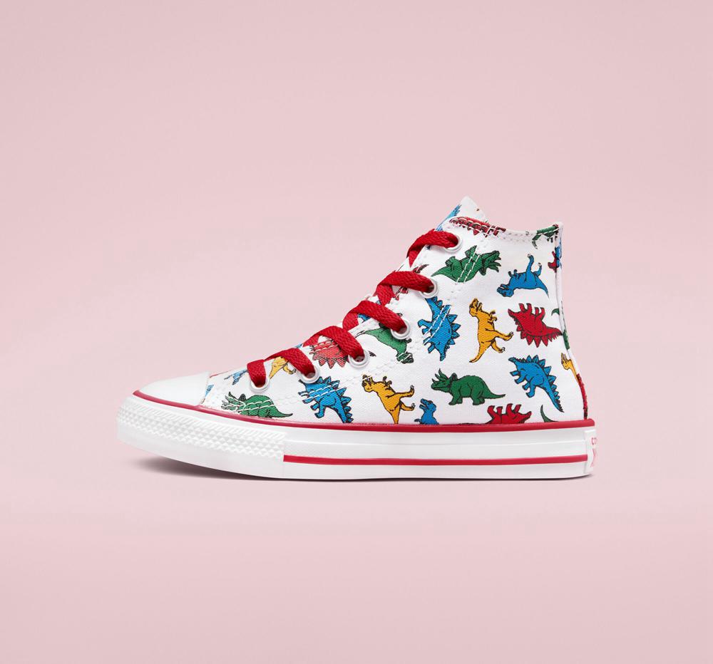 White / Enamel Red / Totally Blue Boys' Converse Chuck Taylor All Star Dinosaurs Little Kids High Tops  India |  UJZB-81472