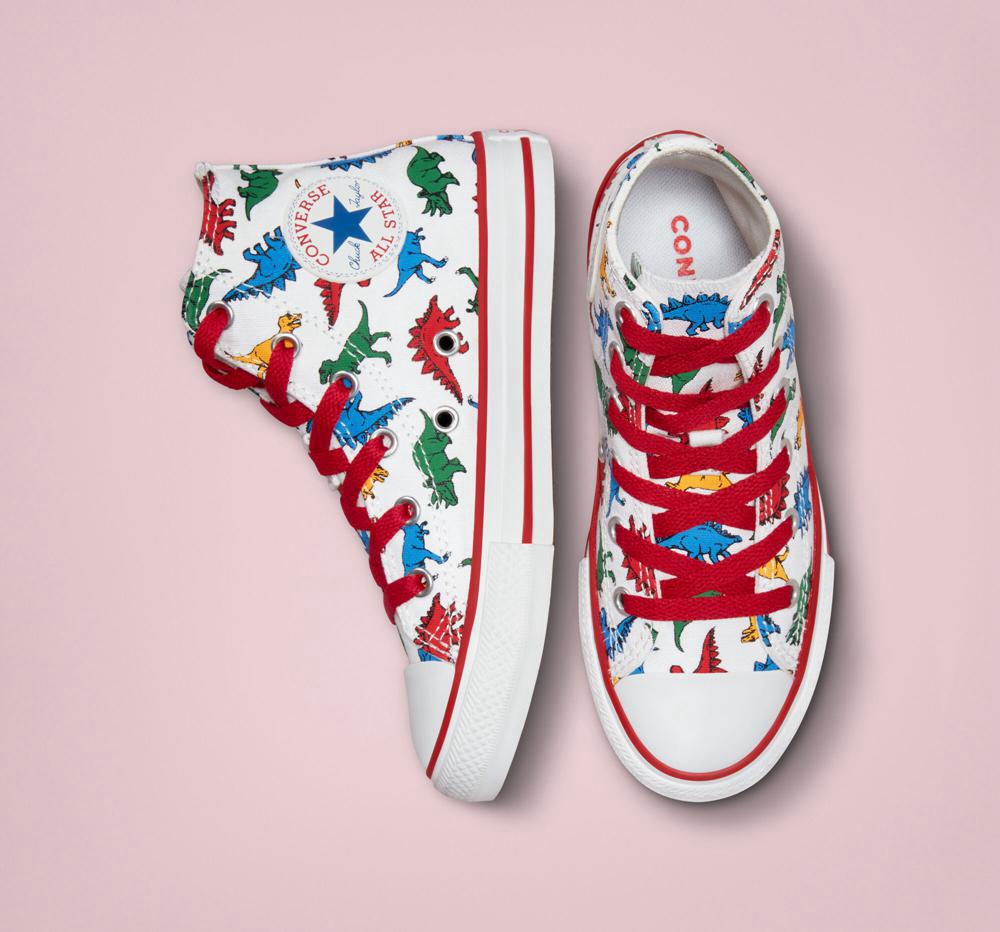 White / Enamel Red / Totally Blue Boys' Converse Chuck Taylor All Star Dinosaurs Little Kids High Tops  India |  UJZB-81472