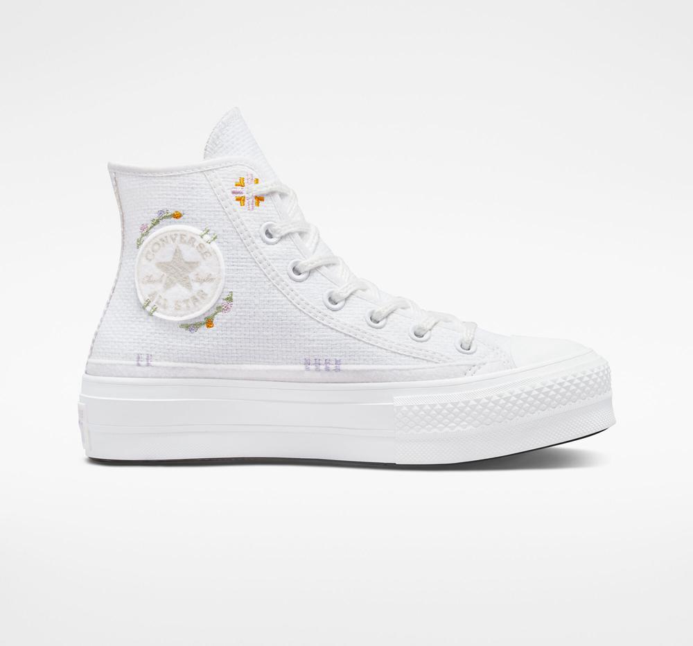 White / Moonstone Violet / Mouse Women\'s Converse Chuck Taylor All Star Lift Platform Autumn Embroidery High Tops  India |  HXBV-53890