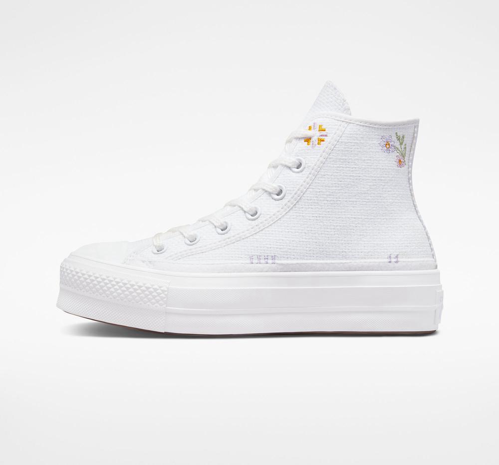 White / Moonstone Violet / Mouse Women's Converse Chuck Taylor All Star Lift Autumn Embroidery High Top Platform Shoes  India |  XNLC-69150