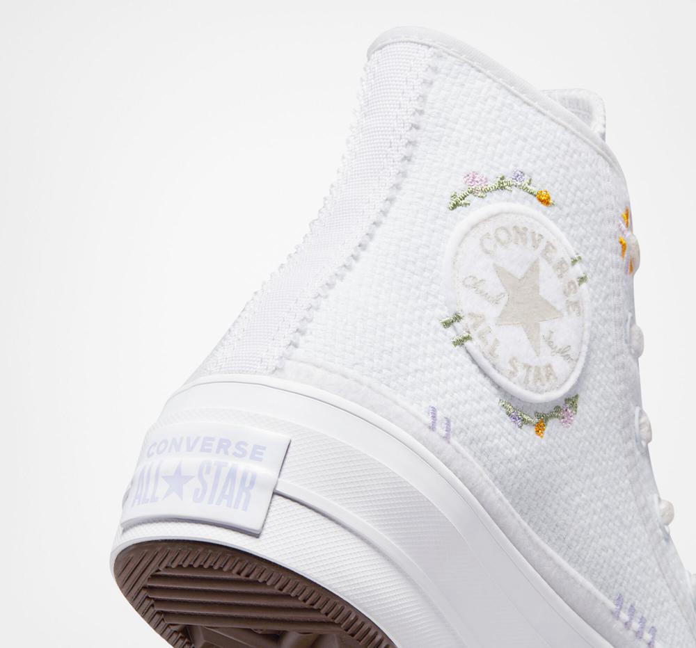 White / Moonstone Violet / Mouse Women's Converse Chuck Taylor All Star Lift Autumn Embroidery High Top Platform Shoes  India |  XNLC-69150