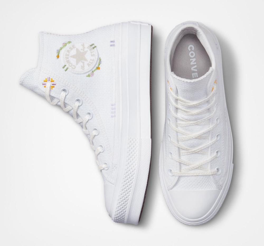 White / Moonstone Violet / Mouse Women's Converse Chuck Taylor All Star Lift Autumn Embroidery High Top Platform Shoes  India |  XNLC-69150