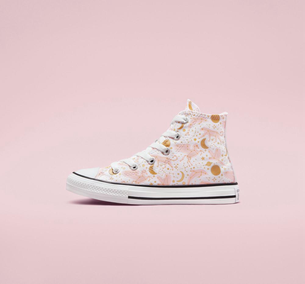 White / Storm Pink / Gold Boys' Converse Chuck Taylor All Star Constellations Big Kids High Tops  India |  QHBK-96401