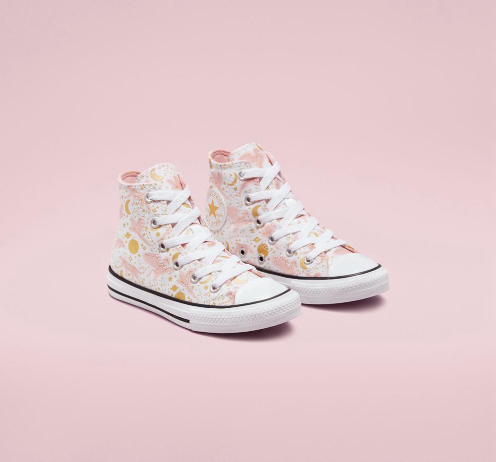 White / Storm Pink / Gold Boys' Converse Chuck Taylor All Star Constellations Big Kids High Tops  India |  QHBK-96401