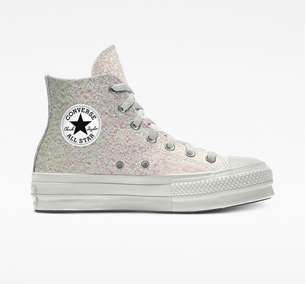 White Women\'s Converse Custom Chuck Taylor All Star Lift Glitter By You High Top Platform Shoes  India |  LTPK-76291