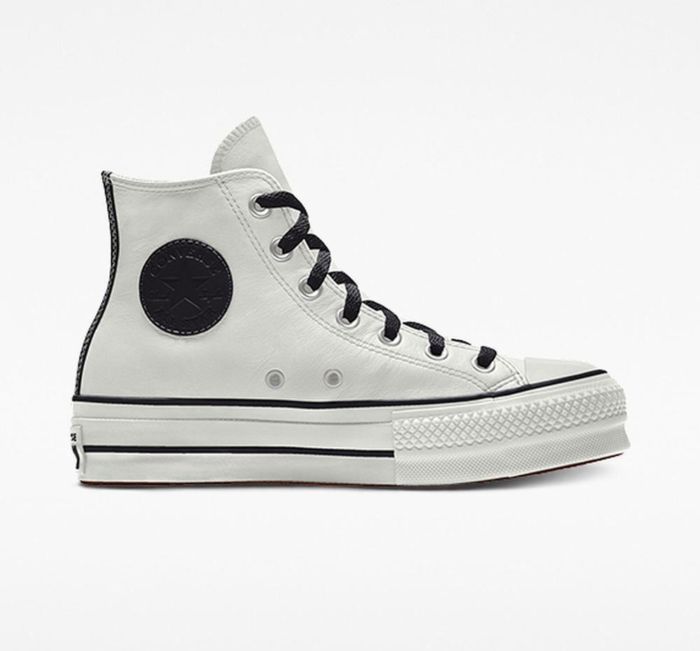 White Women\'s Converse Custom Chuck Taylor All Star Lift Leather By You Unisex High Top Platform Shoes  India |  LWVH-54120